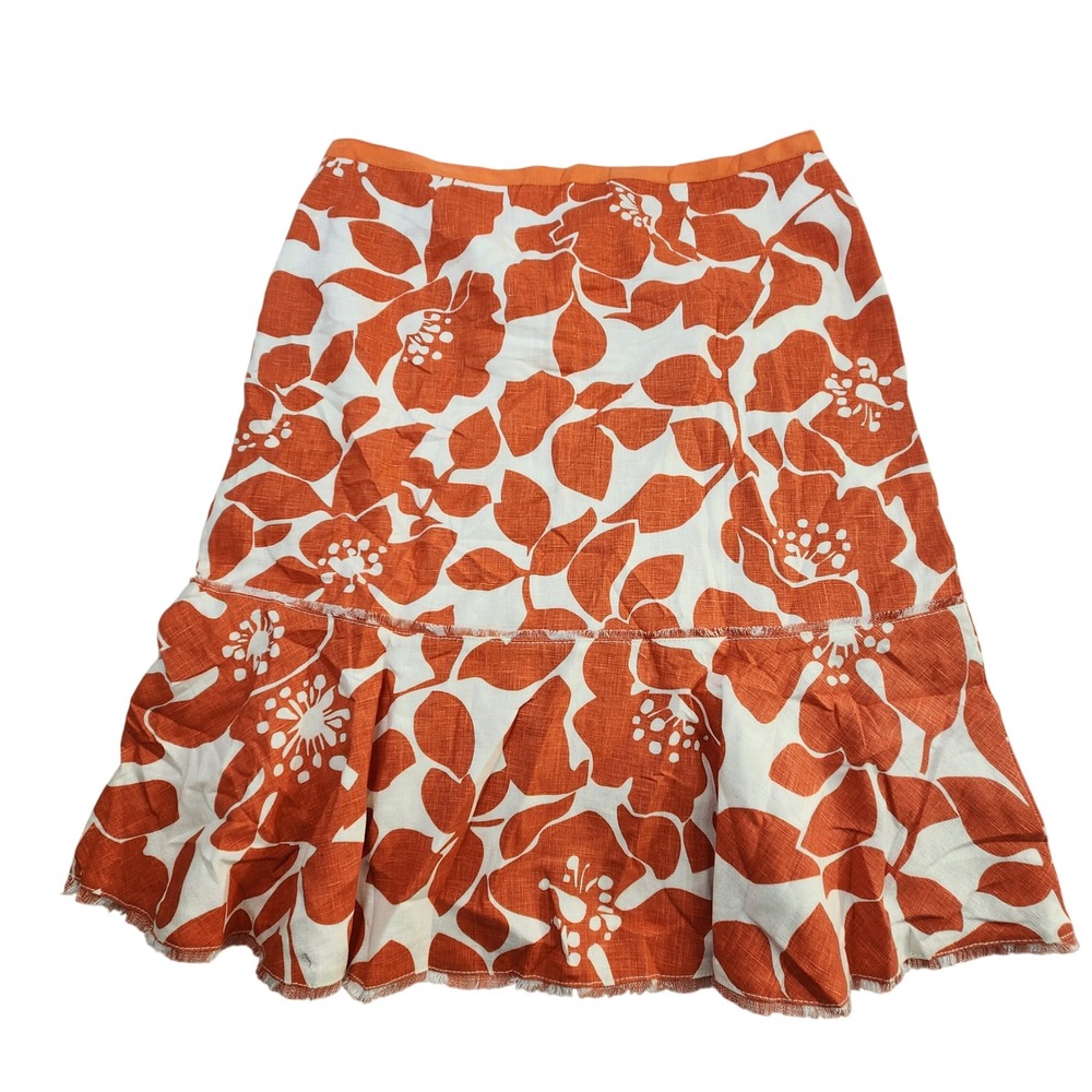 J. Crew Womens Orange Floral Midi Skirt 100% Linen Ruffle Hem Tropical Sz 12 NWT